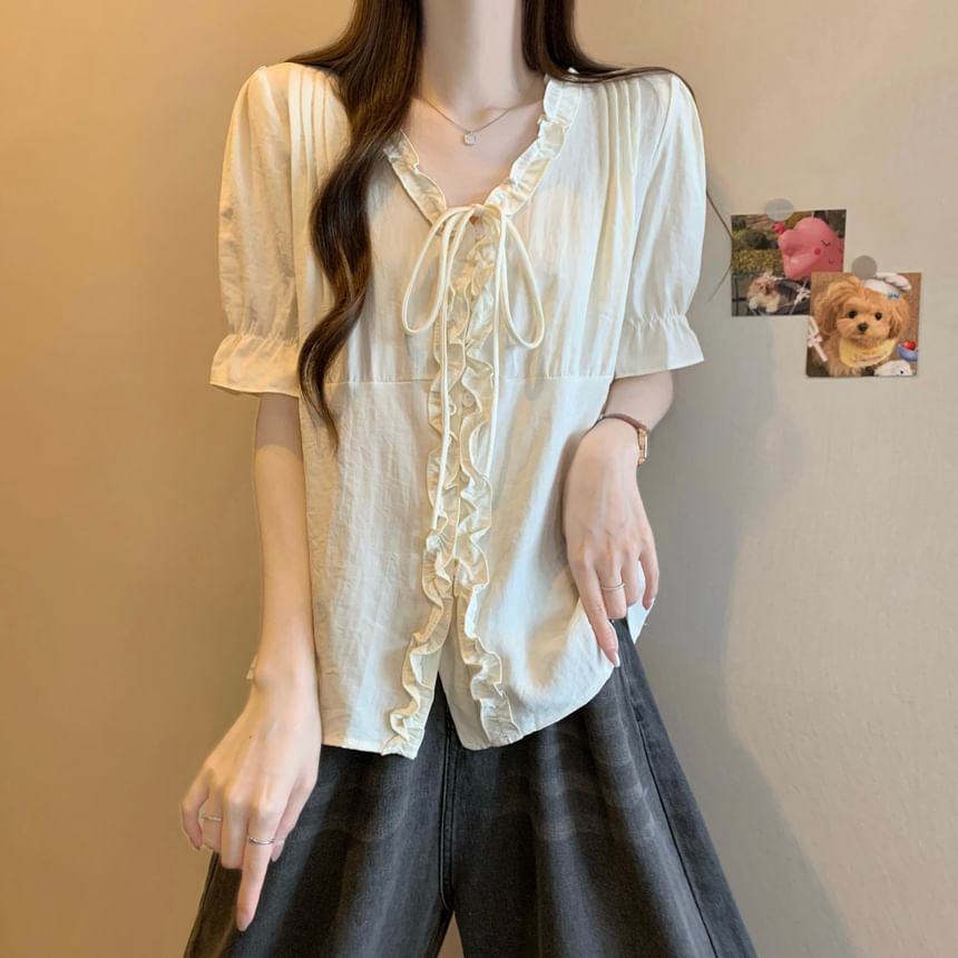 Frill Trim V-Neck Blouse Elbow-Sleeve Button