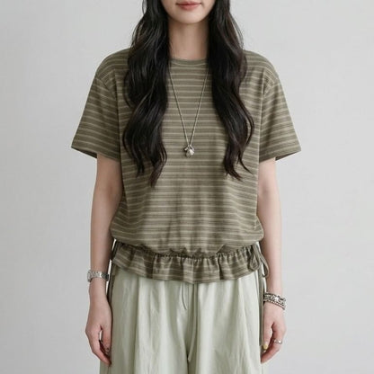 Striped Drawstring Ruffle Hem Tee, Crew Neck