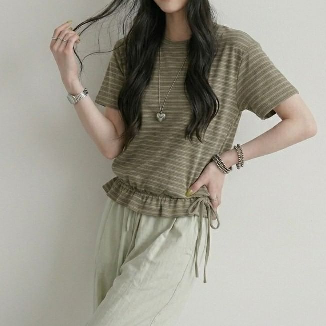 Striped Drawstring Ruffle Hem Tee, Crew Neck