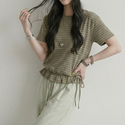 Striped Drawstring Ruffle Hem Tee, Crew Neck