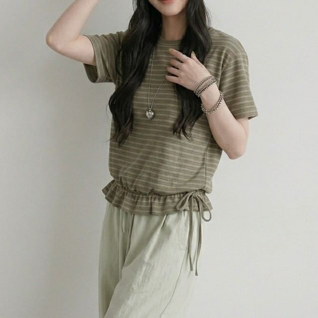 Striped Drawstring Ruffle Hem Tee, Crew Neck