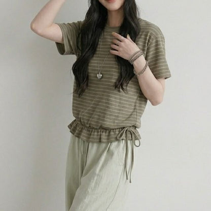 Striped Drawstring Ruffle Hem Tee, Crew Neck