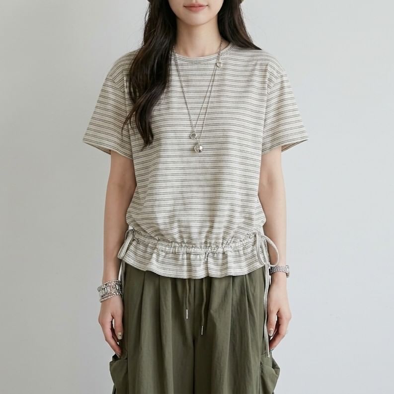 Striped Drawstring Ruffle Hem Tee, Crew Neck