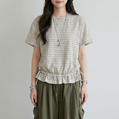 Striped Drawstring Ruffle Hem Tee, Crew Neck