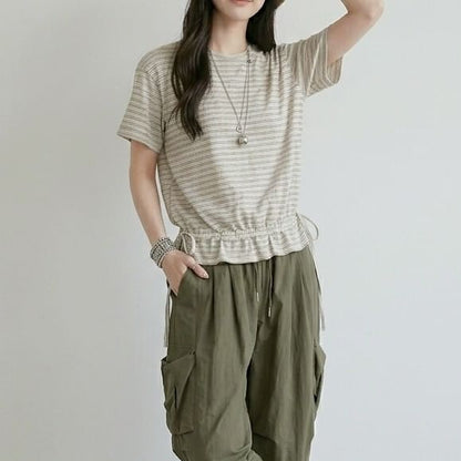 Striped Drawstring Ruffle Hem Tee, Crew Neck