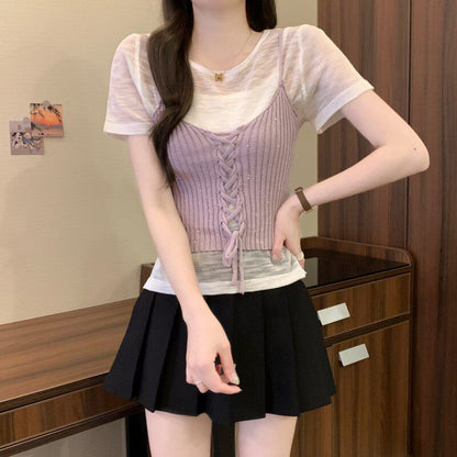 Sheer Knit Crew Neck Tee & Lace-Up Camisole Set