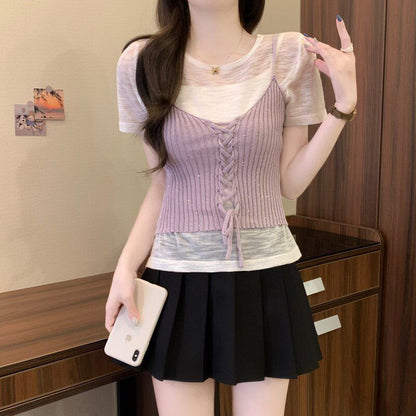 Sheer Knit Crew Neck Tee & Lace-Up Camisole Set