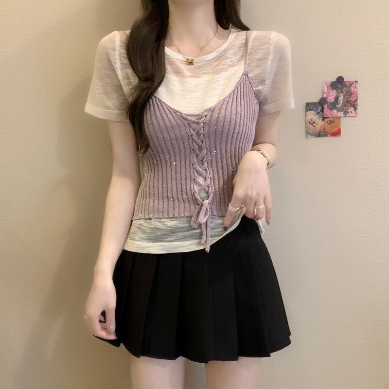 Sheer Knit Crew Neck Tee & Lace-Up Camisole Set