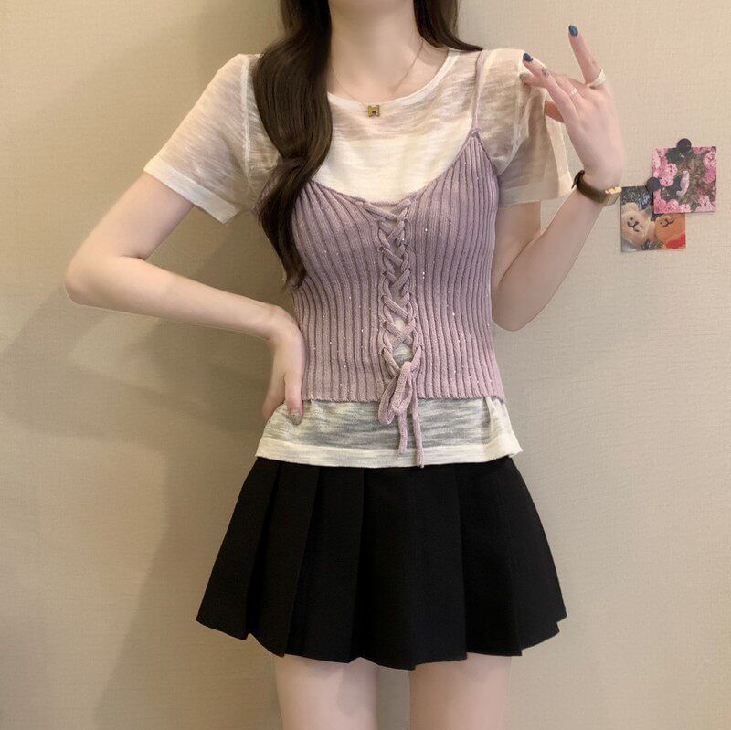 Sheer Knit Crew Neck Tee & Lace-Up Camisole Set