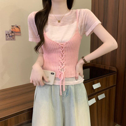 Sheer Knit Crew Neck Tee & Lace-Up Camisole Set