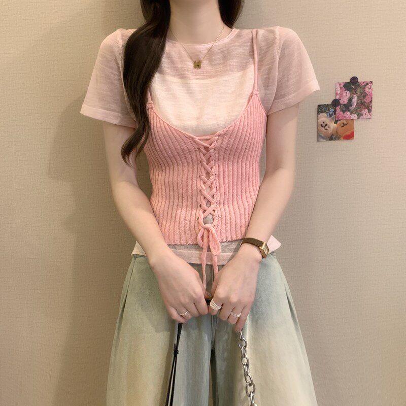 Sheer Knit Crew Neck Tee & Lace-Up Camisole Set