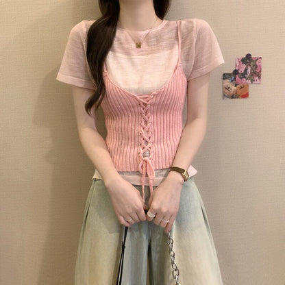 Sheer Knit Crew Neck Tee & Lace-Up Camisole Set