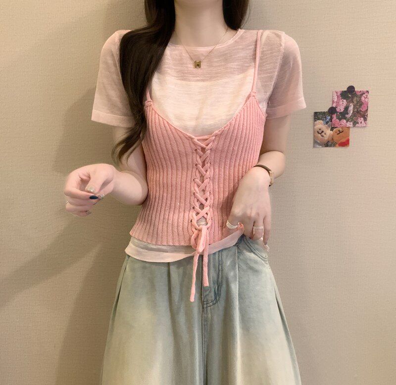 Sheer Knit Crew Neck Tee & Lace-Up Camisole Set