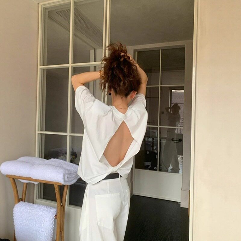 Open Back Crew Neck Elbow-Sleeve Tee