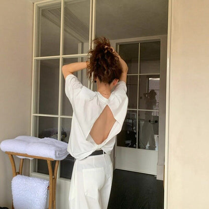 Open Back Crew Neck Elbow-Sleeve Tee