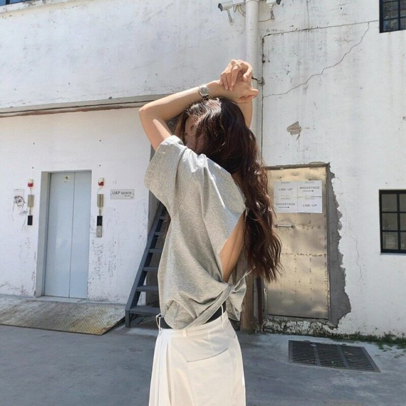 Open Back Crew Neck Elbow-Sleeve Tee
