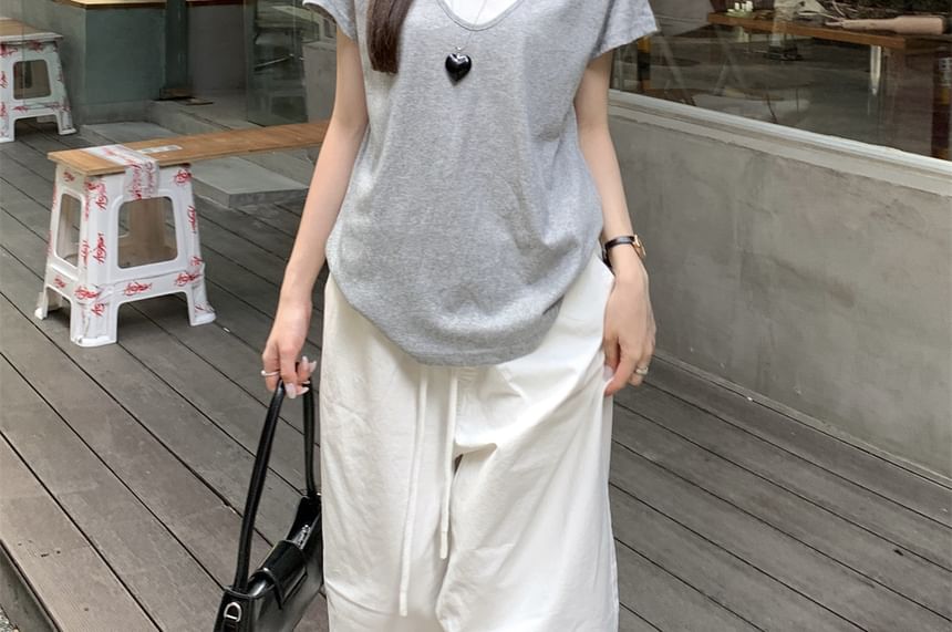 Two-Tone Mock Layer V-Neck Short Sleeve Tee