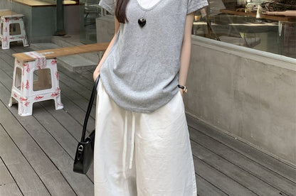 Two-Tone Mock Layer V-Neck Short Sleeve Tee