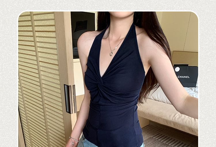 Ruched Open Back Halter Top Slim Fit