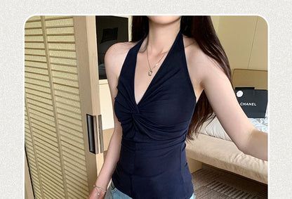 Ruched Open Back Halter Top Slim Fit