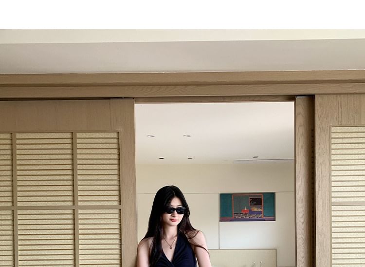 Ruched Open Back Halter Top Slim Fit