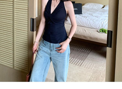 Ruched Open Back Halter Top Slim Fit