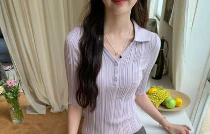 Collared Elbow-Sleeve Knit Top Slim V-Neck
