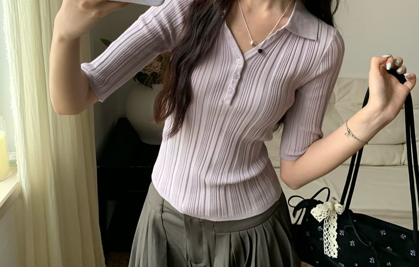 Collared Elbow-Sleeve Knit Top Slim V-Neck