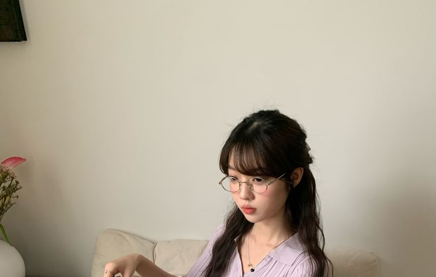 Collared Elbow-Sleeve Knit Top Slim V-Neck