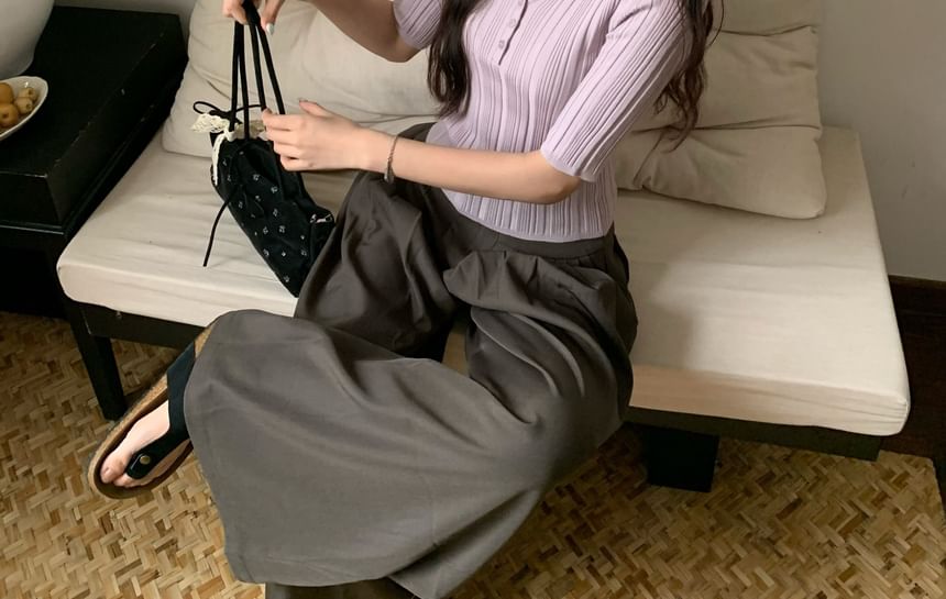 Collared Elbow-Sleeve Knit Top Slim V-Neck