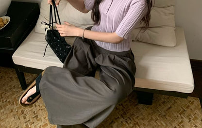 Collared Elbow-Sleeve Knit Top Slim V-Neck
