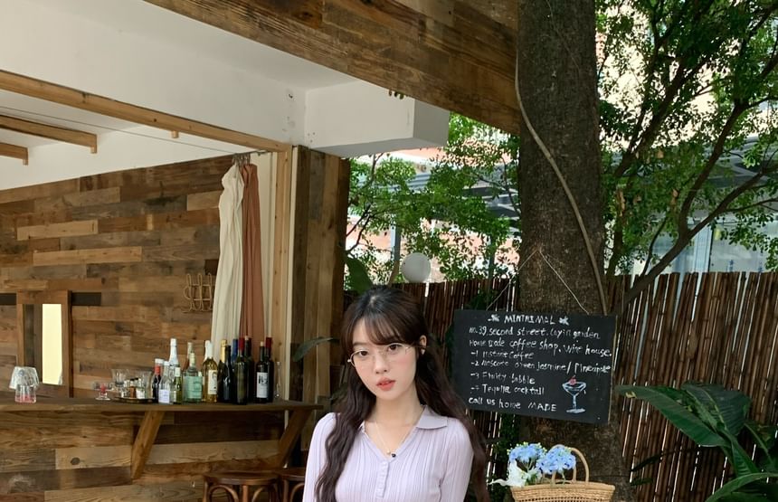 Collared Elbow-Sleeve Knit Top Slim V-Neck