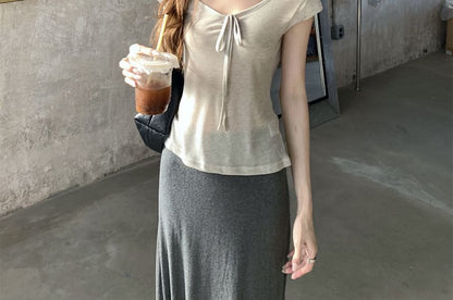 Sheer V-Neck Short-Sleeve Slim T-Shirt