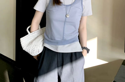 Mesh Panel Two-Tone Crew Neck Mock Tee