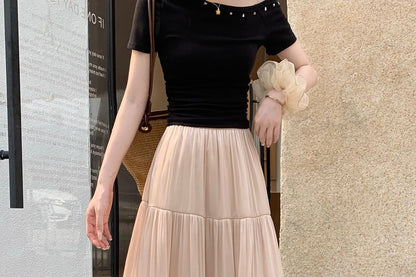 High Waist Plain Maxi A-Line Skirt
