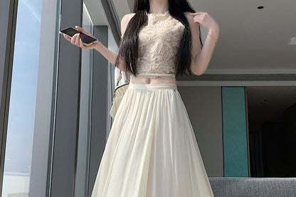 High Waist Sheer Plain Maxi A-Line Skirt