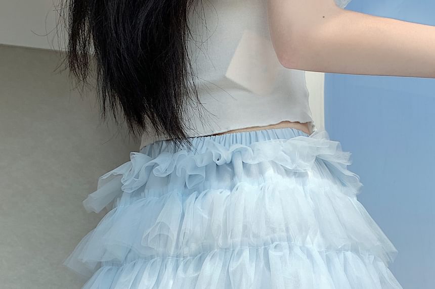 Mid Waist Sheer Plain Mini Tiered Skirt