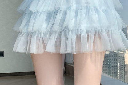 Mid Waist Sheer Plain Mini Tiered Skirt