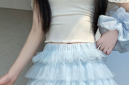 Mid Waist Sheer Plain Mini Tiered Skirt