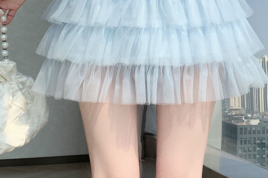 Mid Waist Sheer Plain Mini Tiered Skirt