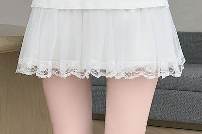 Mid Waist Sheer Overlay Mini Pleated Skirt