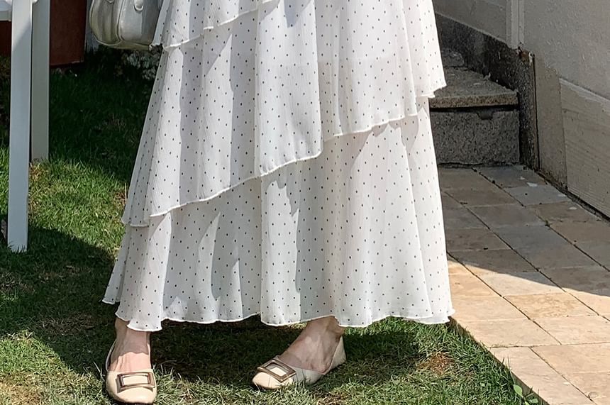 Mid Waist Dotted Maxi Tiered Skirt