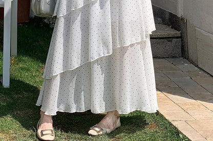 Mid Waist Dotted Maxi Tiered Skirt