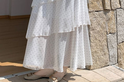 Mid Waist Dotted Maxi Tiered Skirt