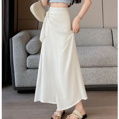 High Waist Asymmetrical Plain Maxi A-Line Skirt