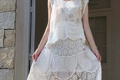 High Waist Lace Maxi A-Line Skirt
