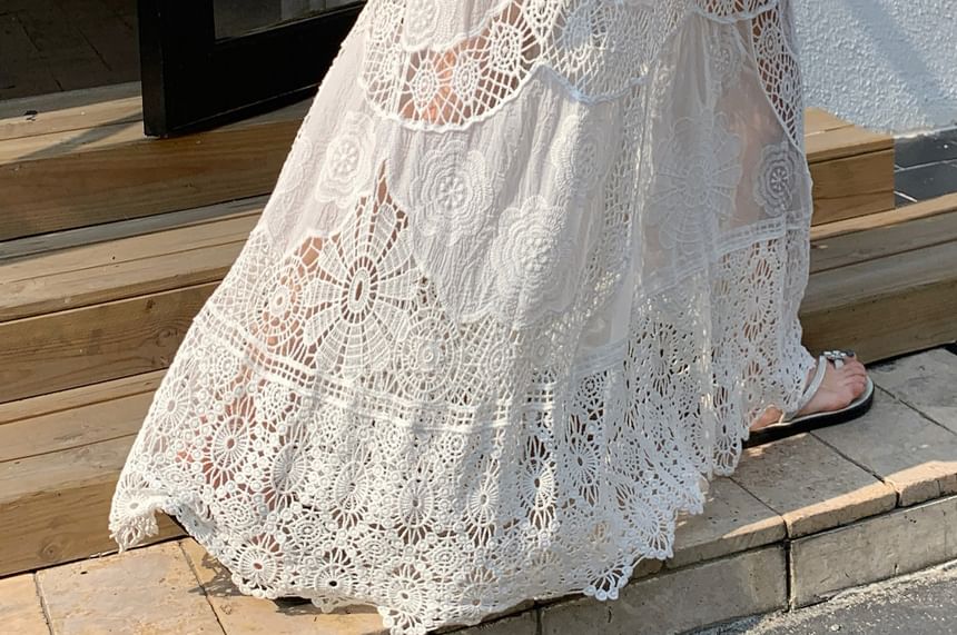 High Waist Lace Maxi A-Line Skirt