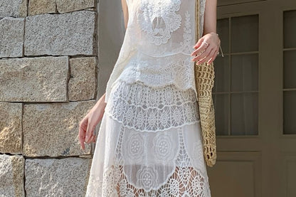 High Waist Lace Maxi A-Line Skirt