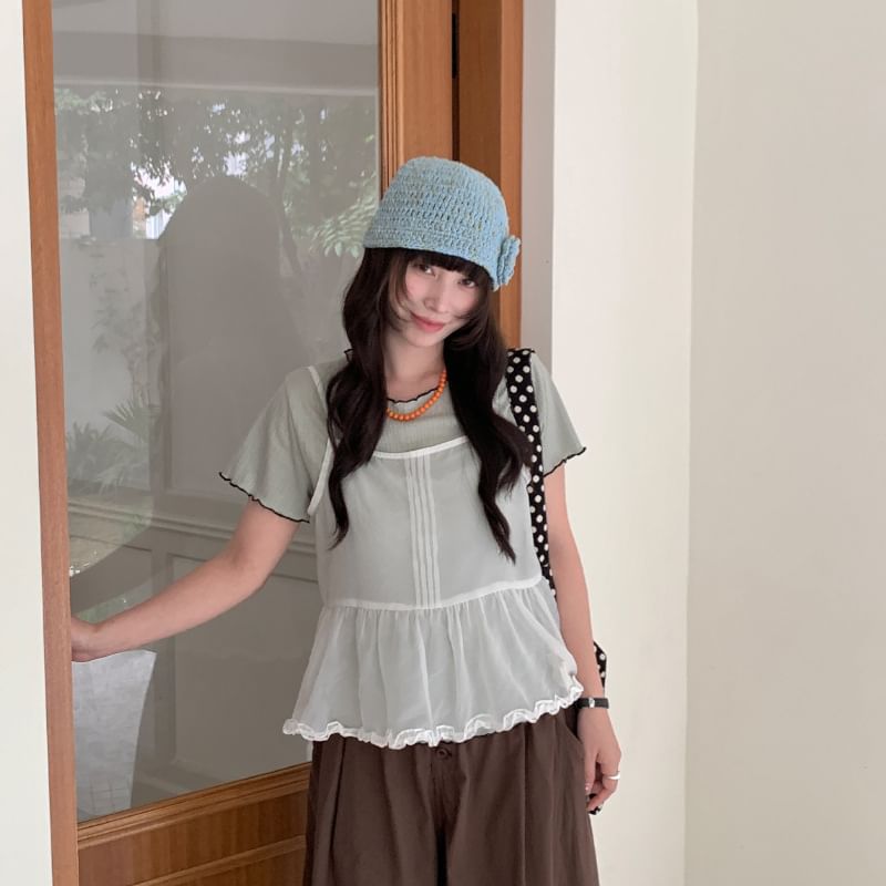 Frill Trim Pintuck Sheer Crop Camisole Top