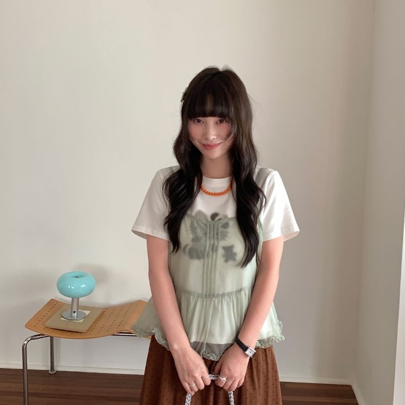 Frill Trim Pintuck Sheer Crop Camisole Top
